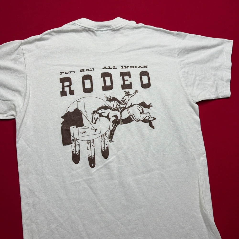 Vintage 90s Fort Hall All Indian Rodeo T-Shirt 1995 Oneita Single Stitch White M